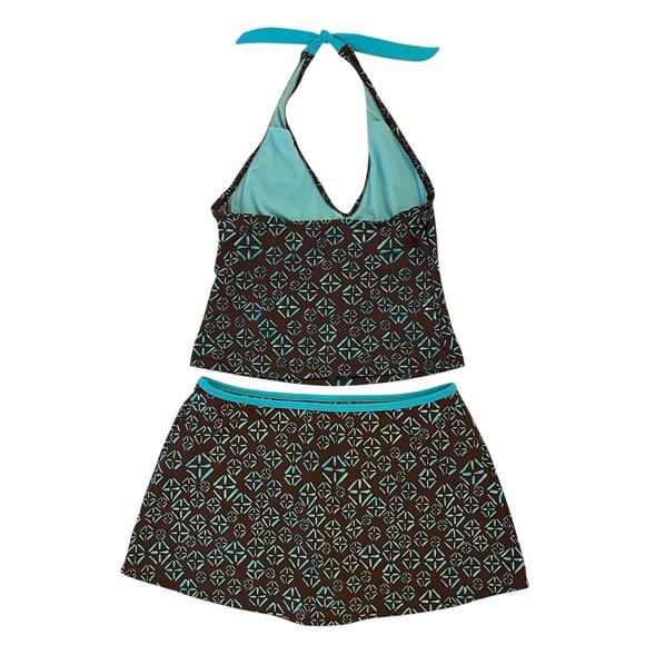 Athleta Halter Tankini Swim Skirt Two-Piece Set M/L Brown Teal Full Coverage - Picture 2 of 14